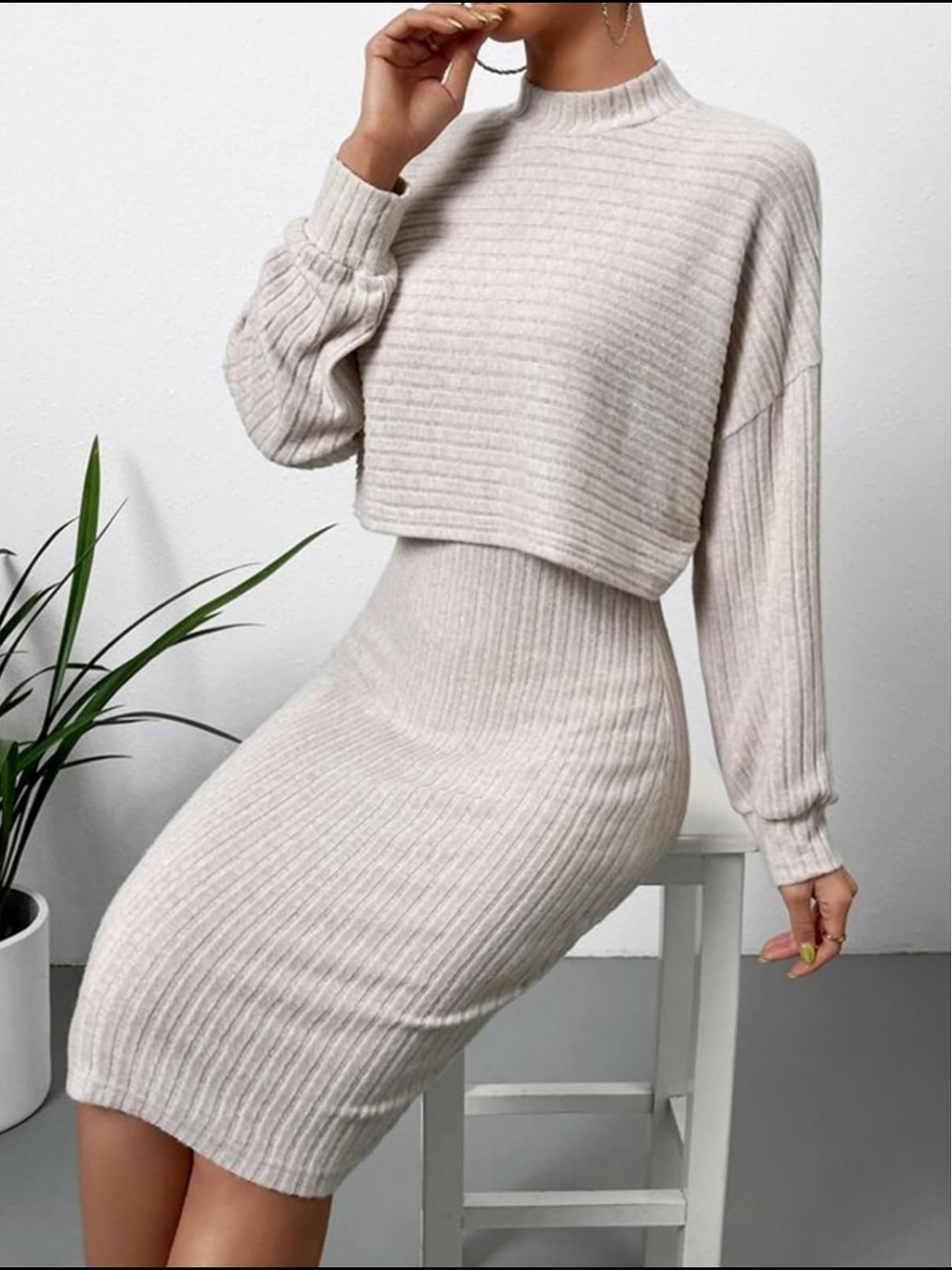 Beige Ribbed Knit Sweater and Dress Set, Women's Size M, 2 Piece Casual Outfit